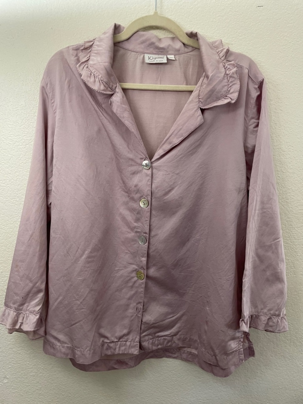 Kiyonna Dusty Mauve Ruffle silk/cotton Blouse Pearl buttons romantic feminine M